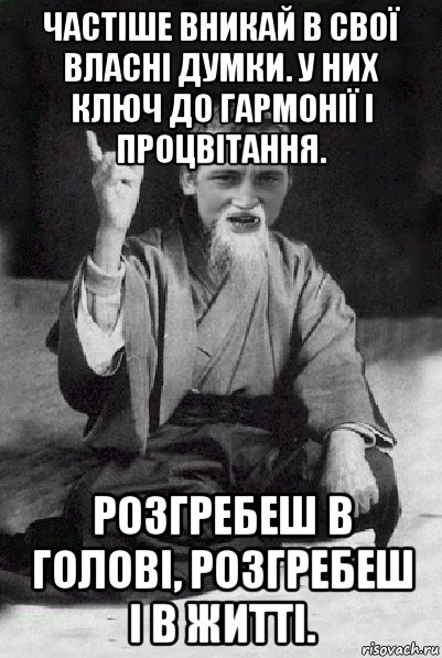 частіше вникай в свої власні думки. у них ключ до гармонії і процвітання. розгребеш в голові, розгребеш і в житті., Мем Мудрий паца