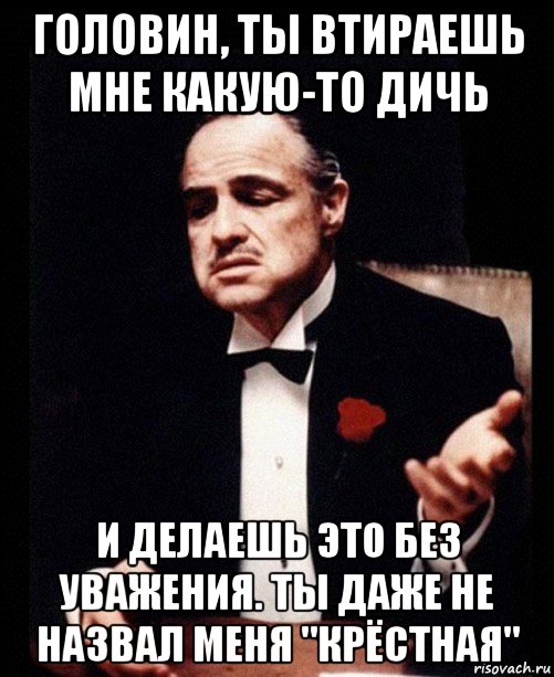 головин, ты втираешь мне какую-то дичь и делаешь это без уважения. ты даже не назвал меня "крёстная", Мем ты делаешь это без уважения