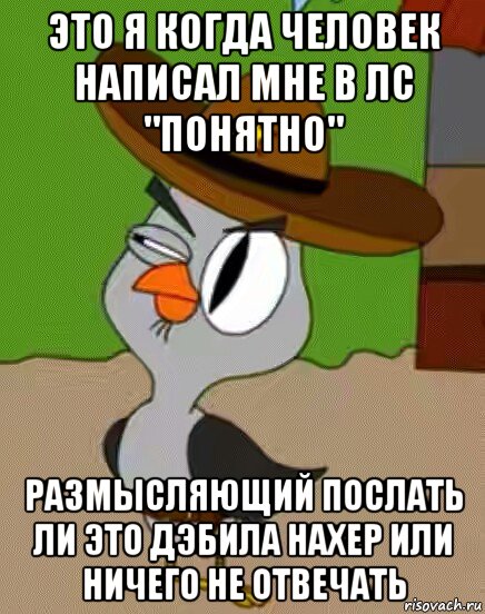 это я когда человек написал мне в лс "понятно" размысляющий послать ли это дэбила нахер или ничего не отвечать, Мем    Упоротая сова