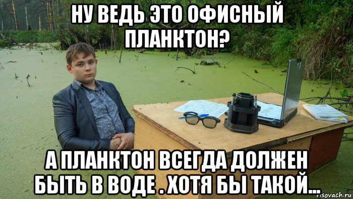 ну ведь это офисный планктон? а планктон всегда должен быть в воде . хотя бы такой..., Мем  Парень сидит в болоте