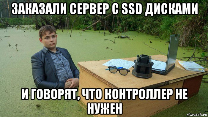 заказали сервер с ssd дисками и говорят, что контроллер не нужен, Мем  Парень сидит в болоте