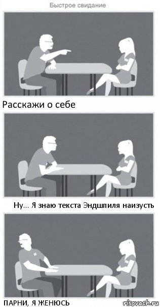 Расскажи о себе Ну... Я знаю текста Эндшпиля наизусть ПАРНИ, Я ЖЕНЮСЬ, Комикс Быстрое свидание