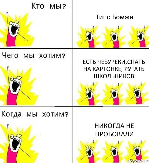 Типо Бомжи Есть чебуреки,спать на картонке, ругать школьников Никогда не пробовали, Комикс Что мы хотим