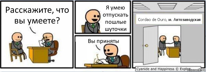 Расскажите, что вы умеете? Я умею отпускать пошлые шуточки Вы приняты Cordao de Ouro, м. Автозаводская, Комикс Собеседование на работу