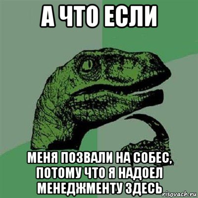 а что если меня позвали на собес, потому что я надоел менеджменту здесь, Мем Филосораптор