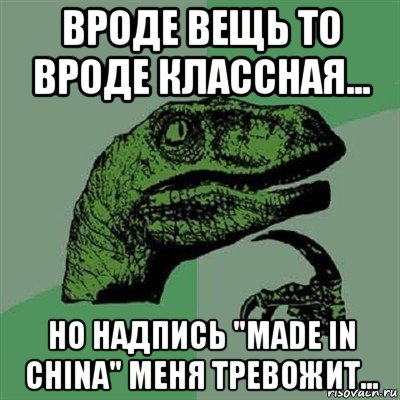 вроде вещь то вроде классная... но надпись "made in china" меня тревожит..., Мем Филосораптор