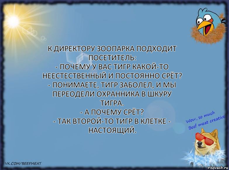 К директору зоопарка подходит посетитель:
- Почему у вас тигр какой-то неестественный и постоянно срёт?
- Понимаете, тигр заболел, и мы переодели охранника в шкуру тигра.
- А почему срёт?
- Так второй-то тигр в клетке - настоящий.