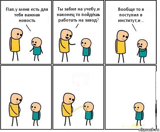 Пап,у меня есть для тебя важная новость Ты забил на учебу,и наконец то пойдёшь работать на завод? Вообще то я поступил в институт,и ..