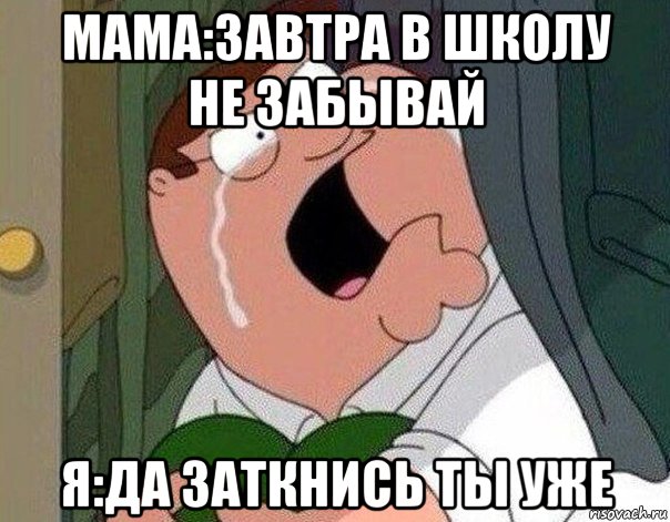 мама:завтра в школу не забывай я:да заткнись ты уже, Мем Гриффин плачет