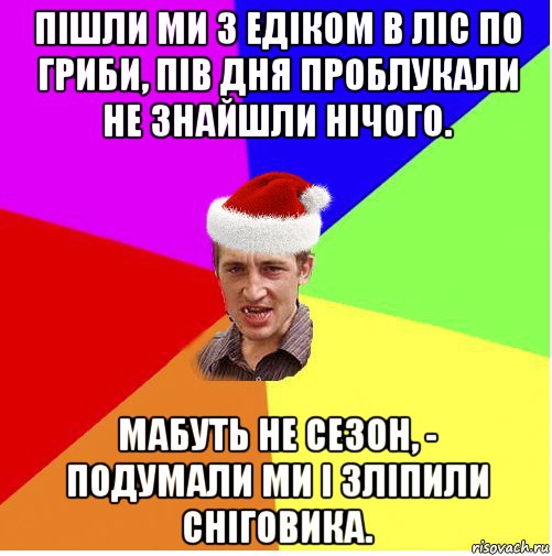 пішли ми з едіком в ліс по гриби, пів дня проблукали не знайшли нічого. мабуть не сезон, - подумали ми і зліпили сніговика.