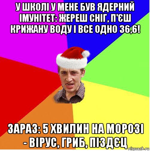 у школі у мене був ядерний імунітет: жереш сніг, п'єш крижану воду і все одно 36,6! зараз: 5 хвилин на морозі - вірус, гриб, піздєц, Мем Новогодний паца