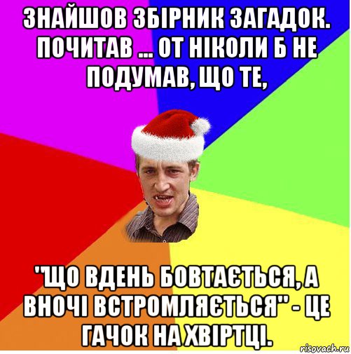 знайшов збірник загадок. почитав ... от ніколи б не подумав, що те, "що вдень бовтається, а вночі встромляється" - це гачок на хвіртці., Мем Новогодний паца