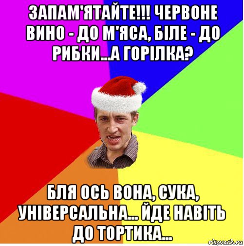 запам'ятайте!!! червоне вино - до м'яса, біле - до рибки...а горілка? бля ось вона, сука, універсальна... йде навіть до тортика...