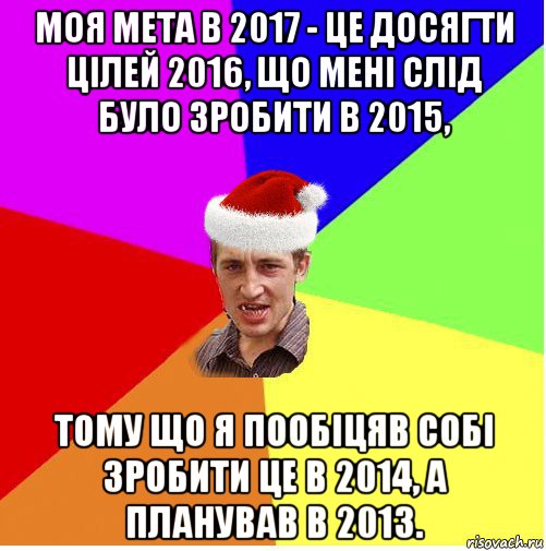 моя мета в 2017 - це досягти цілей 2016, що мені слід було зробити в 2015, тому що я пообіцяв собі зробити це в 2014, а планував в 2013.