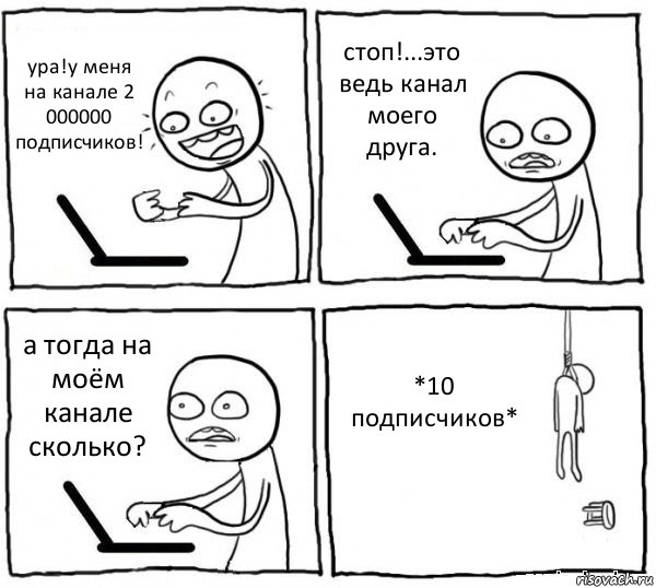 ура!у меня на канале 2 000000 подписчиков! стоп!...это ведь канал моего друга. а тогда на моём канале сколько? *10 подписчиков*, Комикс интернет убивает