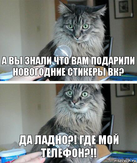 А вы знали что вам подарили новогодние стикеры ВК? ДА ЛАДНО?! Где мой телефон?!!, Комикс  кот с микрофоном