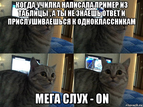 когда училка написала пример из таблицы , а ты не знаешь ответ и прислушиваешься к одноклассникам мега слух - on, Мем  Кот в шоке