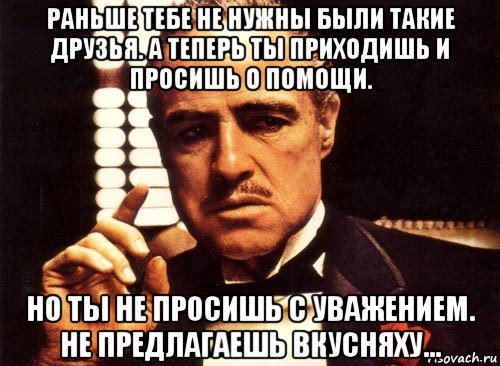 раньше тебе не нужны были такие друзья. а теперь ты приходишь и просишь о помощи. но ты не просишь с уважением. не предлагаешь вкусняху..., Мем крестный отец