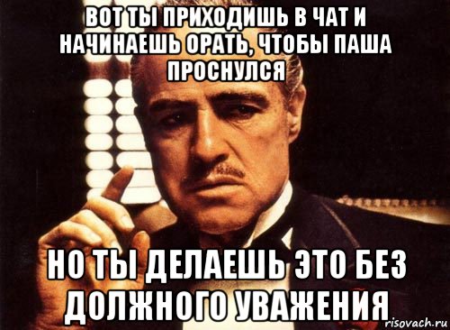 вот ты приходишь в чат и начинаешь орать, чтобы паша проснулся но ты делаешь это без должного уважения, Мем крестный отец