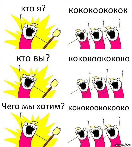 кто я? кококоококок кто вы? кококоокококо Чего мы хотим? кококоококооко, Комикс кто мы