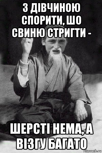 з дівчиною спорити, шо свиню стригти - шерсті нема, а візгу багато, Мем Мудрий паца