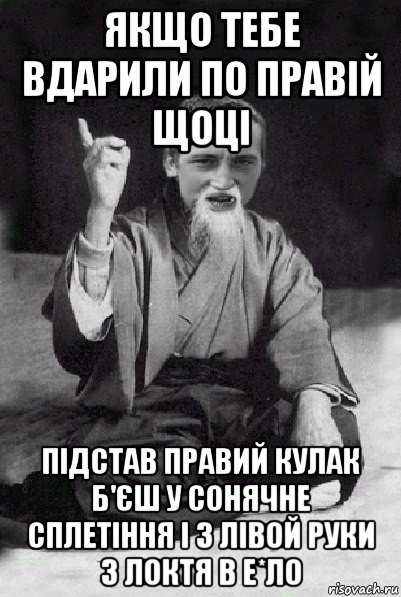 якщо тебе вдарили по правій щоці підстав правий кулак б'єш у сонячне сплетіння і з лівой руки з локтя в е*ло, Мем Мудрий паца