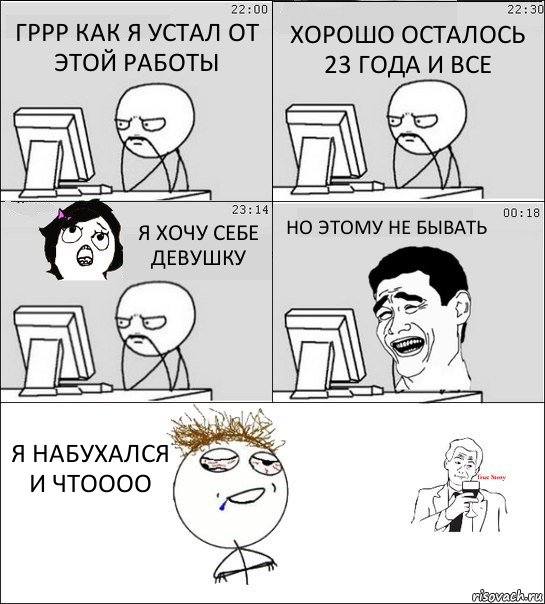 ГРРР КАК Я УСТАЛ ОТ ЭТОЙ РАБОТЫ ХОРОШО ОСТАЛОСЬ 23 ГОДА И ВСЕ Я ХОЧУ СЕБЕ ДЕВУШКУ НО ЭТОМУ НЕ БЫВАТЬ Я НАБУХАЛСЯ И ЧТОООО