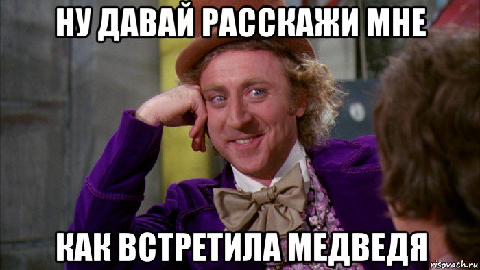 ну давай расскажи мне как встретила медведя, Мем Ну давай расскажи (Вилли Вонка)