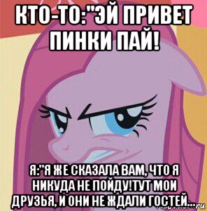 кто-то:"эй привет пинки пай! я:"я же сказала вам, что я никуда не пойду!тут мои друзья, и они не ждали гостей...