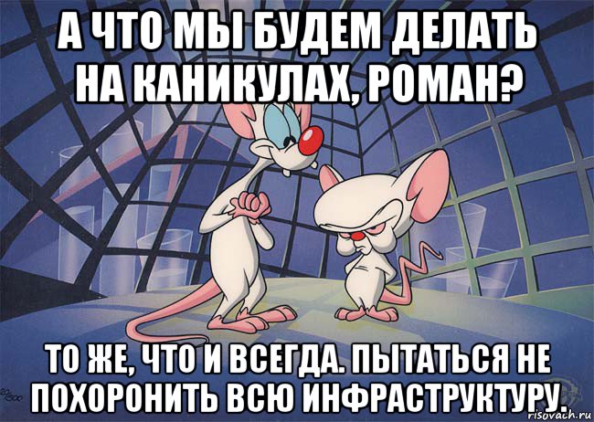 а что мы будем делать на каникулах, роман? то же, что и всегда. пытаться не похоронить всю инфраструктуру.