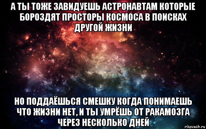 а ты тоже завидуешь астронавтам которые бороздят просторы космоса в поисках другой жизни но поддаёшься смешку когда понимаешь что жизни нет, и ты умрёшь от ракамозга через несколько дней, Мем Просто космос