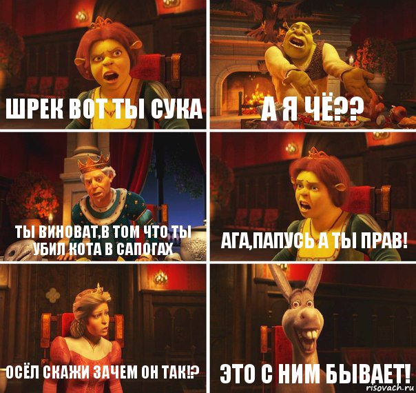 Шрек вот ты сука а я чё?? ты виноват,в том что ты убил кота в сапогах ага,папусь а ты прав! Осёл скажи зачем он так!? это с ним бывает!, Комикс  Шрек Фиона Гарольд Осел