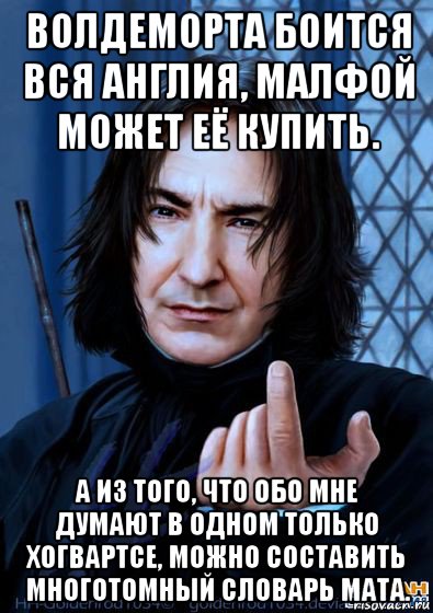 волдеморта боится вся англия, малфой может её купить. а из того, что обо мне думают в одном только хогвартсе, можно составить многотомный словарь мата.