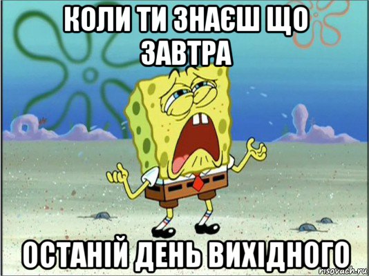 коли ти знаєш що завтра останій день вихідного, Мем Спанч Боб плачет