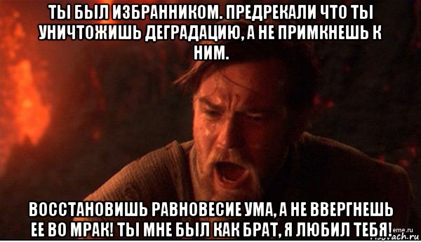 ты был избранником. предрекали что ты уничтожишь деградацию, а не примкнешь к ним. восстановишь равновесие ума, а не ввергнешь ее во мрак! ты мне был как брат, я любил тебя!, Мем ты был мне как брат