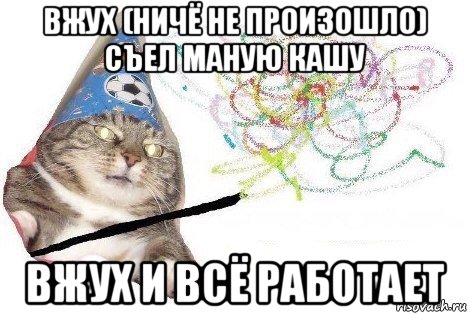 вжух (ничё не произошло) съел маную кашу вжух и всё работает, Мем Вжух