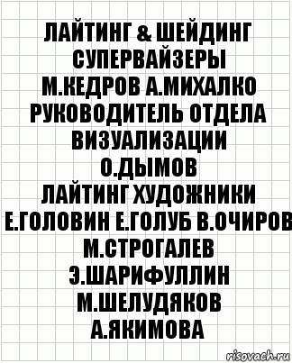 лайтинг & шейдинг супервайзеры
М.Кедров А.Михалко
руководитель отдела визуализации
О.Дымов
лайтинг художники
Е.Головин Е.Голуб В.Очиров
М.Строгалев Э.Шарифуллин М.Шелудяков
А.Якимова, Комикс  бумага