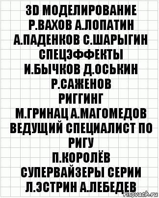 3D моделирование
Р.Вахов А.Лопатин
А.Паденков С.Шарыгин
Спецэффекты
И.Бычков Д.Оськин Р.Саженов
риггинг
М.Гринац А.Магомедов
ведущий специалист по ригу
П.Королёв
супервайзеры серии
Л.Эстрин А.Лебедев, Комикс  бумага