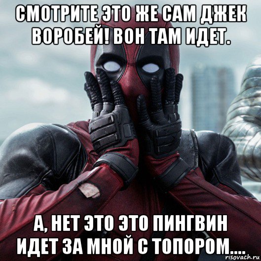 смотрите это же сам джек воробей! вон там идет. а, нет это это пингвин идет за мной с топором...., Мем     Дэдпул