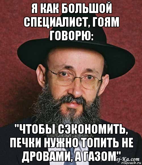 я как большой специалист, гоям говорю: "чтобы сэкономить, печки нужно топить не дровами, а газом", Мем Еврей