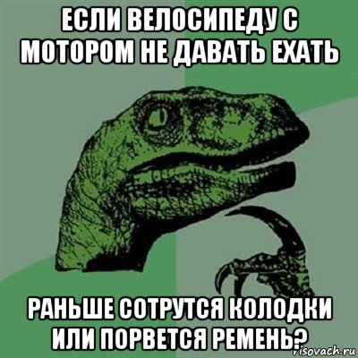 если велосипеду с мотором не давать ехать раньше сотрутся колодки или порвется ремень?, Мем Филосораптор