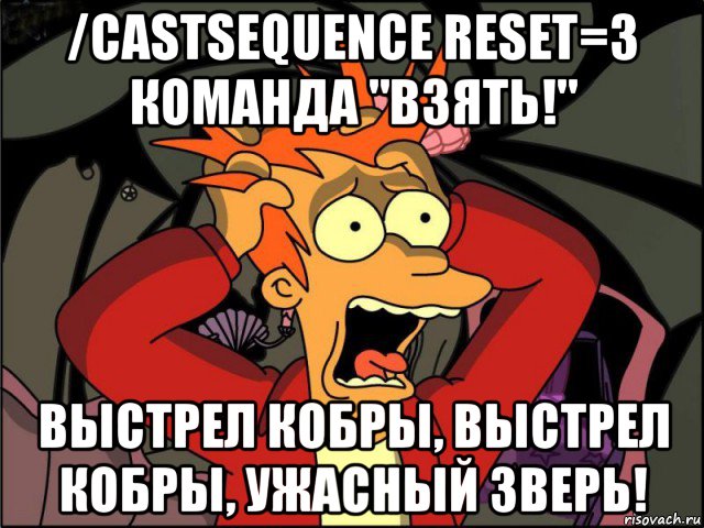 /castsequence reset=3 команда "взять!" выстрел кобры, выстрел кобры, ужасный зверь!, Мем Фрай в панике