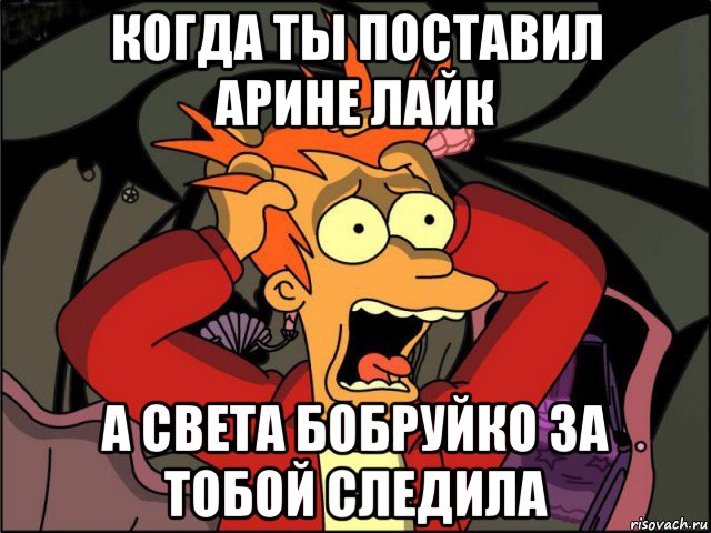 когда ты поставил арине лайк а света бобруйко за тобой следила, Мем Фрай в панике