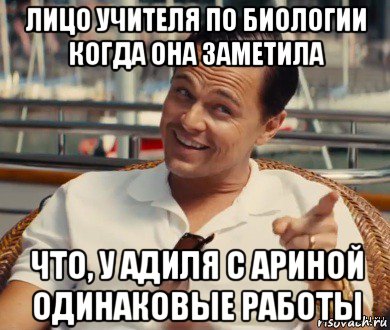 лицо учителя по биологии когда она заметила что, у адиля с ариной одинаковые работы, Мем Хитрый Гэтсби