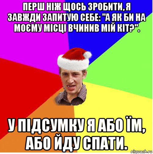 перш ніж щось зробити, я завжди запитую себе: "а як би на моєму місці вчинив мій кіт?". у підсумку я або їм, або йду спати., Мем Новогодний паца