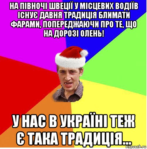 на півночі швеції у місцевих водіїв існує давня традиція блимати фарами, попереджаючи про те, що на дорозі олень! у нас в україні теж є така традиція...