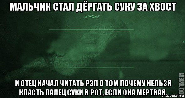 мальчик стал дёргать суку за хвост и отец начал читать рэп о том почему нельзя класть палец суки в рот, если она мертвая., Мем Игра слов 2