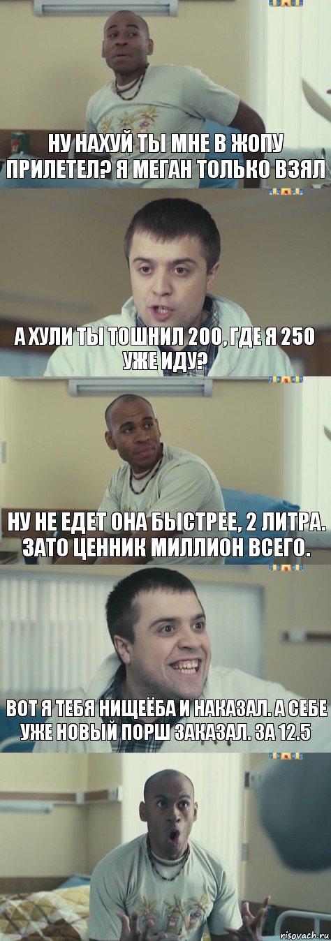 Ну нахуй ты мне в жопу прилетел? Я Меган только взял А хули ты тошнил 200, где я 250 уже иду? Ну не едет она быстрее, 2 литра. Зато ценник миллион всего. Вот я тебя нищеёба и наказал. А себе уже новый порш заказал. За 12.5 