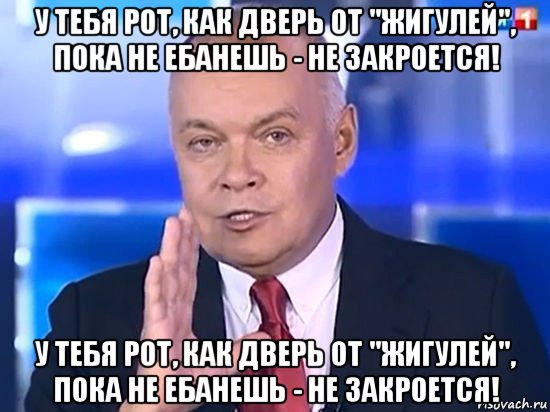 у тебя рот, как дверь от "жигулей", пока не ебанешь - не закроется! у тебя рот, как дверь от "жигулей", пока не ебанешь - не закроется!, Мем Киселёв 2014