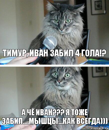 Тимур, Иван забил 4 гола!? А чё Иван??? Я тоже забил....мышцы...как всегда))), Комикс  кот с микрофоном